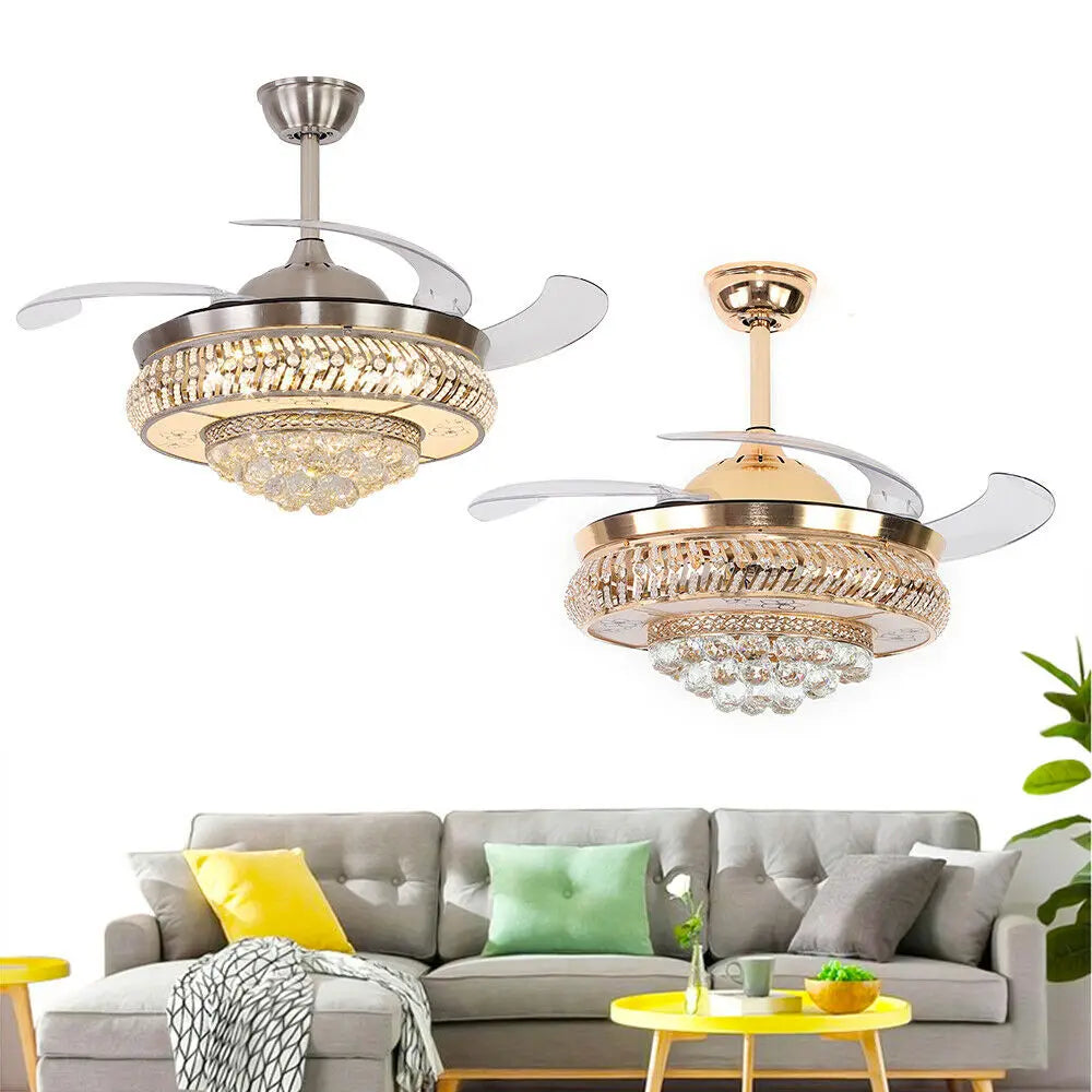OUKANING Modern Crystal Invisible Ceiling Fan Light With Remote Control Chandelier For Living Room Application