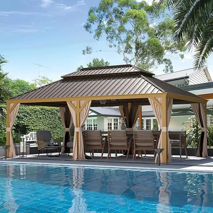 12x20 Gazebo, Hardtop Wood-Looking Gazebo with Curtains