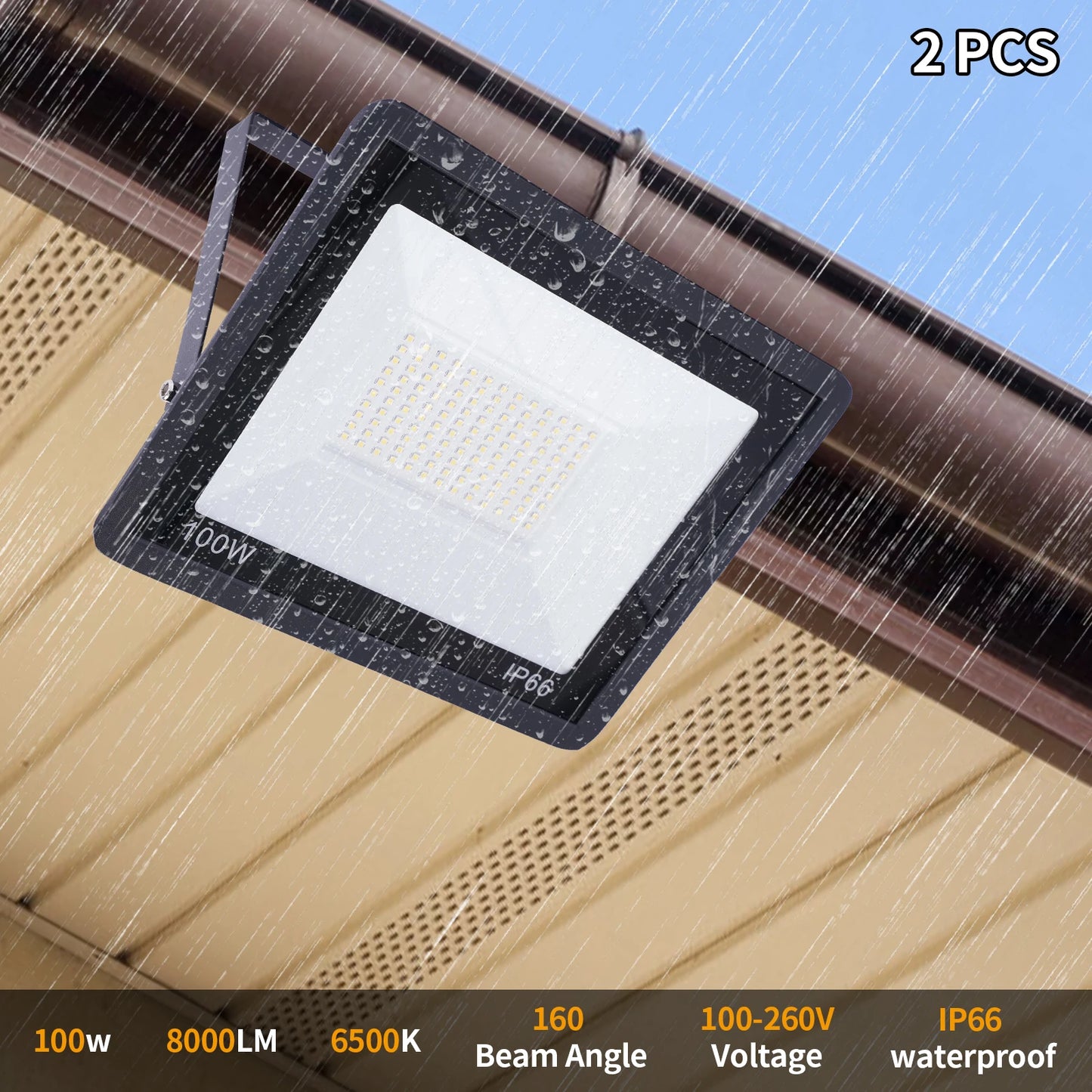 2Pcs LED Flood Light with Plug Outdoor 6000-6500K Daylight White IP66 Waterproof for Backyard Garage