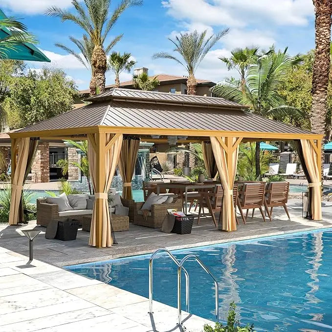 12x20 Gazebo, Hardtop Wood-Looking Gazebo with Curtains