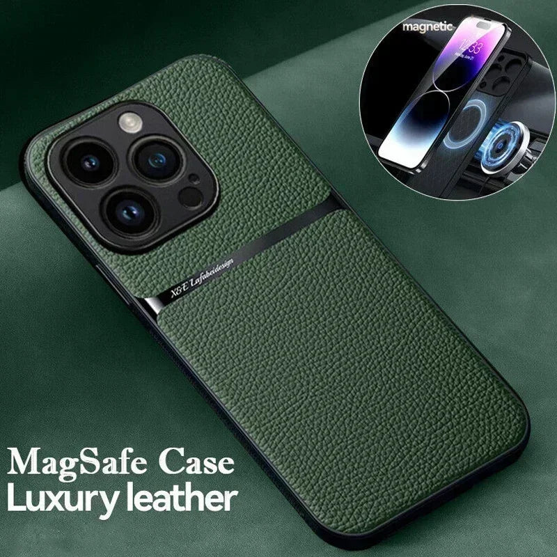 Leather For Magsafe Magnetic Car Holder Phone Case For iPhone 16 15 14 13 12 Pro Max Luxury Matte Shockproof Cover