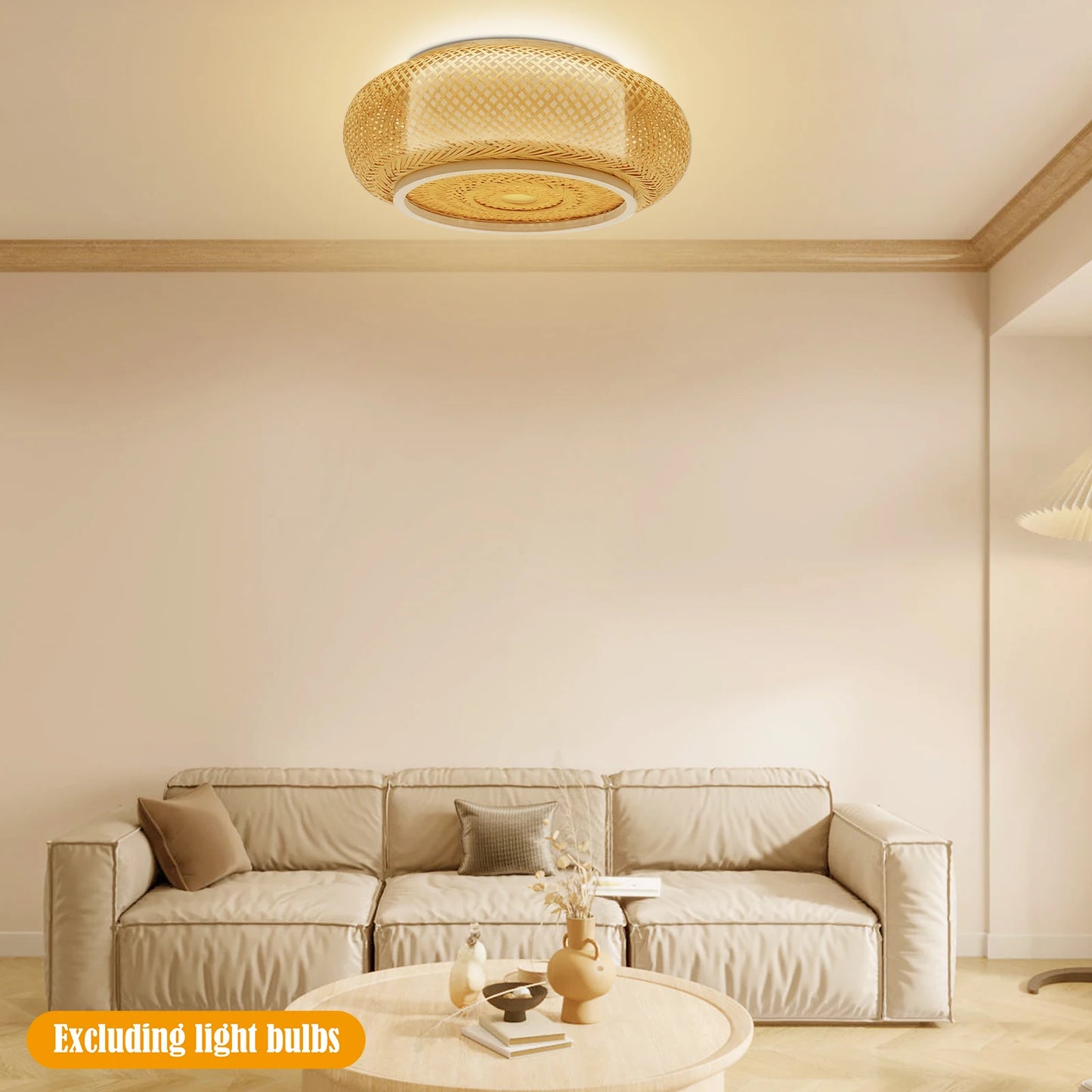 Bamboo Flush Mount Ceiling Light Rustic Rattan Ceiling Fixture Hanging Lamp Flush Mount Ceiling Light 110V 3*E26 Bulbs