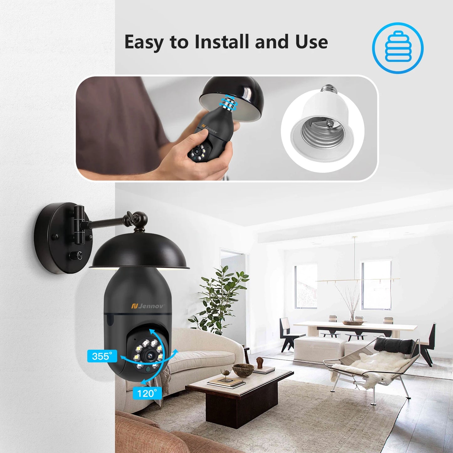 Jennov Light Bulb Security Camera 360 2k HD Wireless Indoor Outdoor
