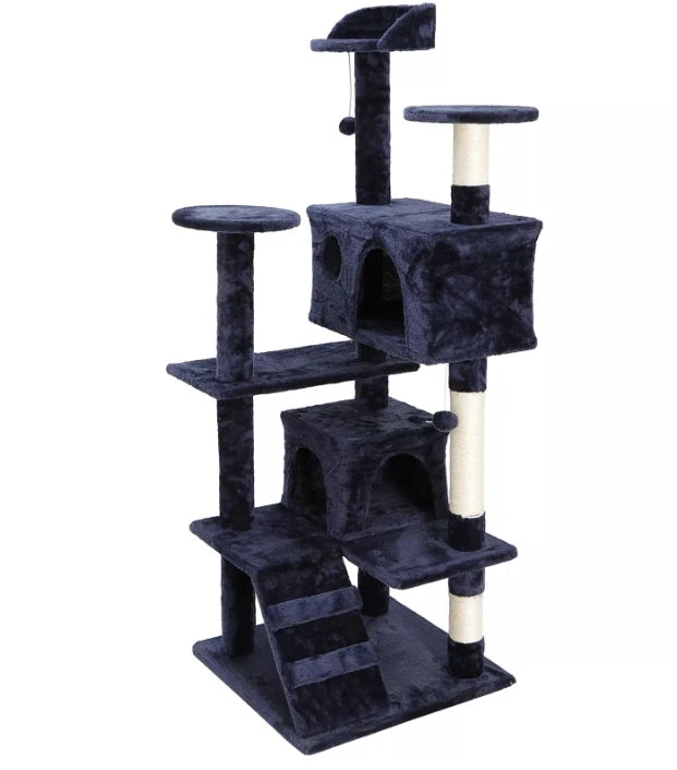 55 Inch Cat Tree Tower Activity Center Playing House Grey Beige Blue Brown Pink