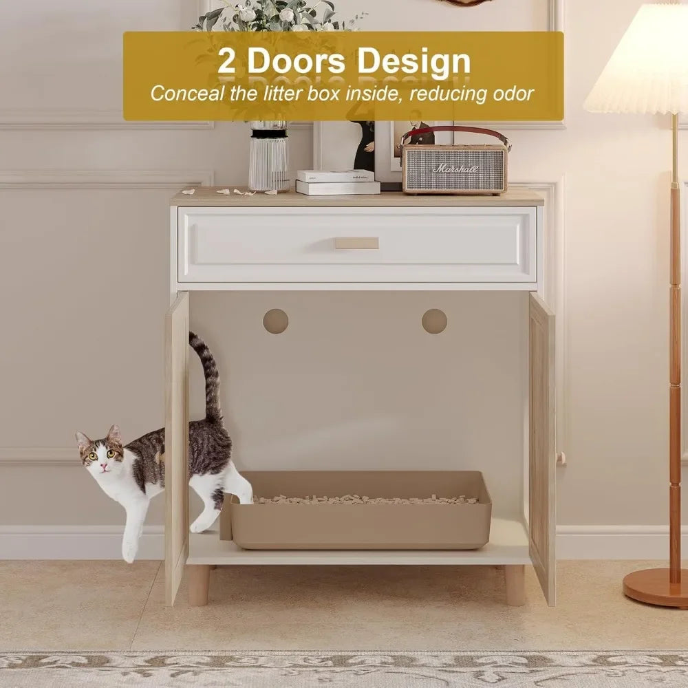 Cat Litter Box Enclosure Furniture Hidden Indoor 2-in-1 Wooden Cat House & Washroom Cabinet w/ Scratching Board Doors and Drawer