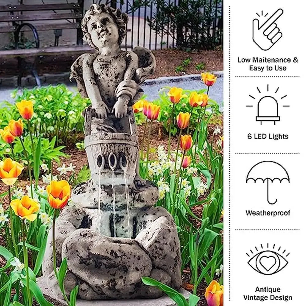 LED Lighted Outdoor Water Fountain Cherub Angel Design Polyresin Material Garden Decor 10.25" x 15" x 24