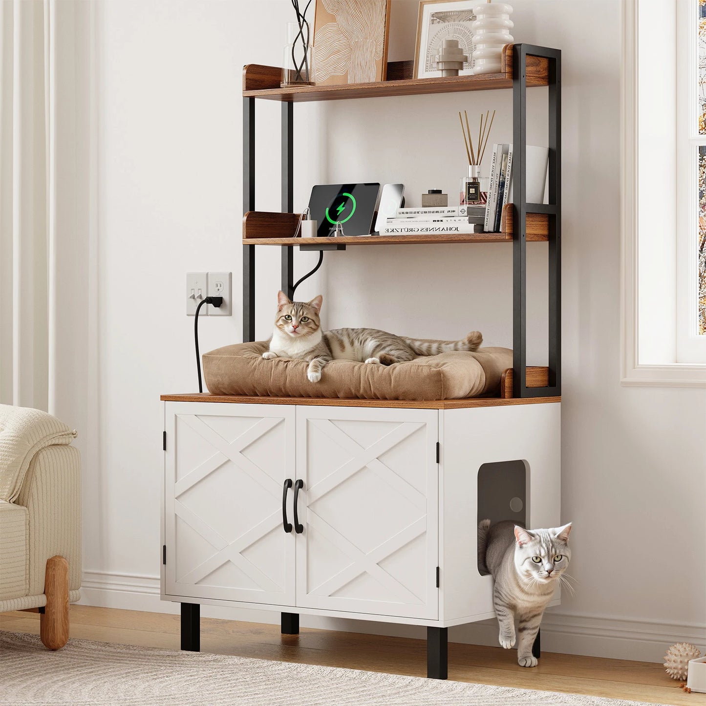 55 Inches Cat Litter Box Enclosure with 2 Storage Shelves and Charging Sockets, Hidden Litter Box Furniture, Wooden Cat House