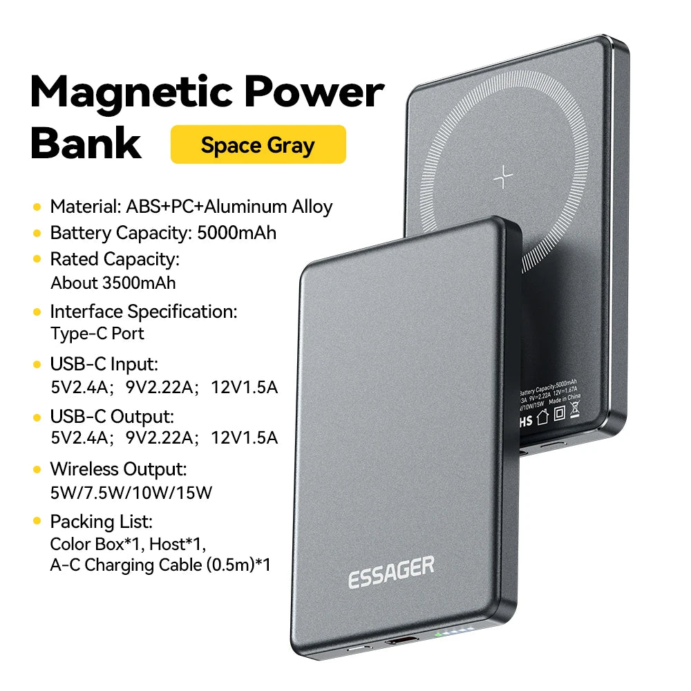 Essager Thin Wireless Power Bank Magnetic 20W 5000mAh Fast Charging