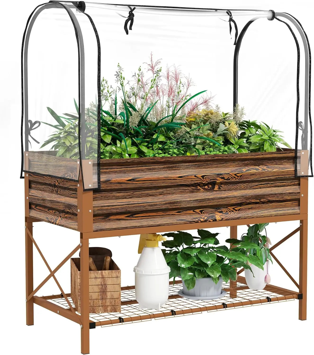 Outsunny Raised Garden Bed with Cover and Storage Shelf, Rectangular Metal Elevated Planter Box with Legs and Bed Liner