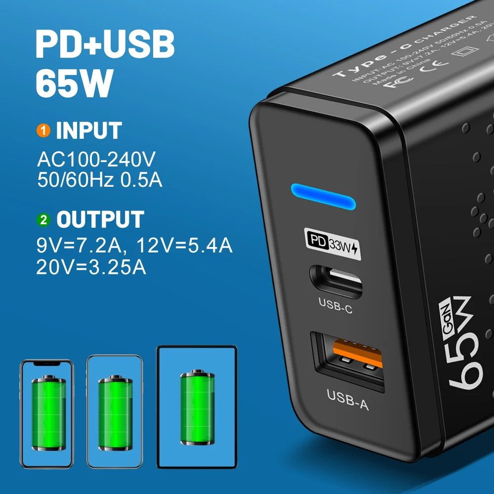 65W USB C Charger PD QC 3.0 Type C USB Fast Charging Wall Adapter For iPhone 14 Xiao mi Samsung Macbook Quick Phone Charger
