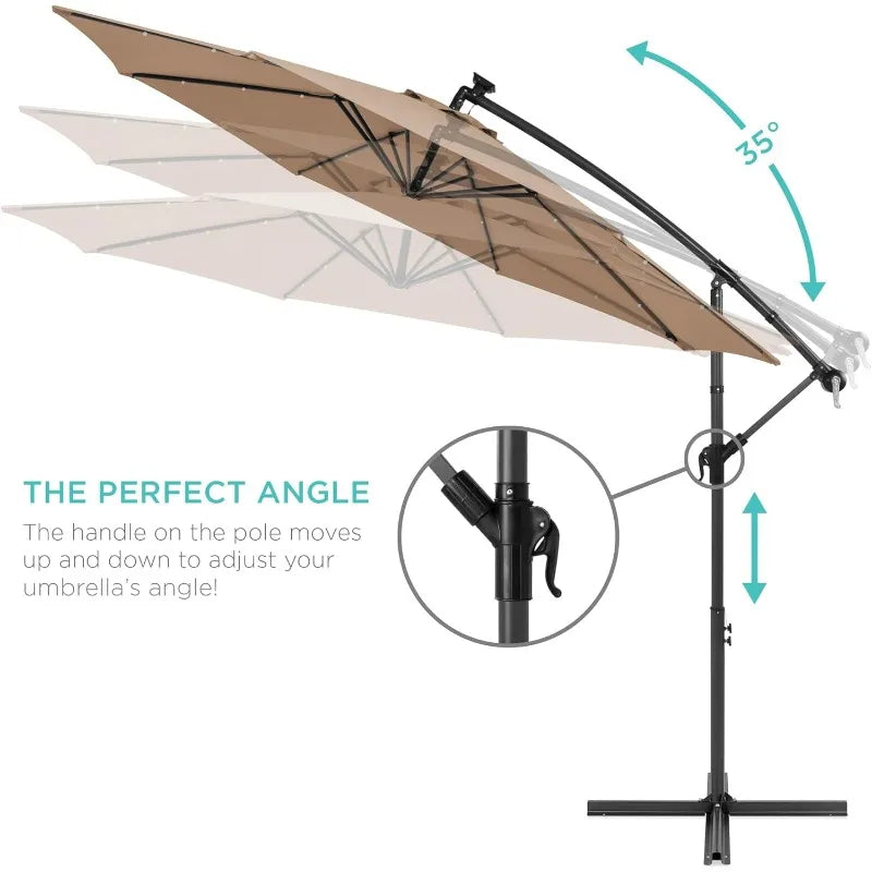 10-foot solar LED offset hanging market yard umbrella for backyard, pool side, with easy tilt adjustment, polyester shade