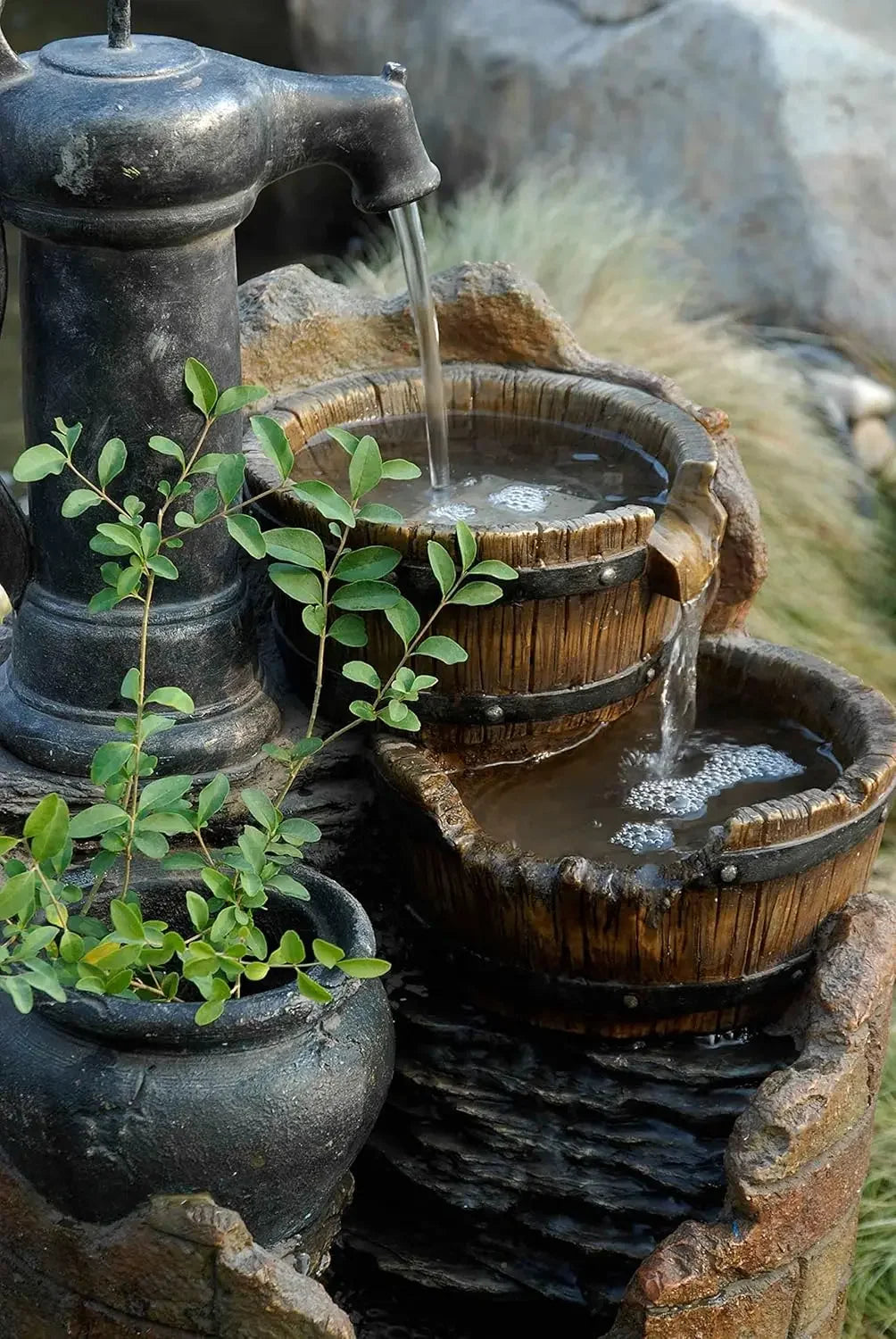 Glenville Water Pump Cascading Water Fountain, Brown/Black