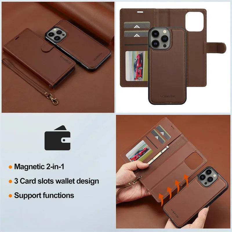 2 in 1 High Quality Retro Magnetic Flip Leather Case for iPhone 16 15 14 13 12 11 XR XS SE 2024 Wallet Card Cover Phone Case