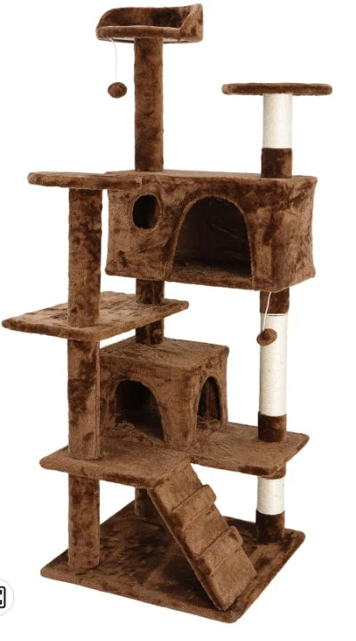 55 Inch Cat Tree Tower Activity Center Playing House Grey Beige Blue Brown Pink