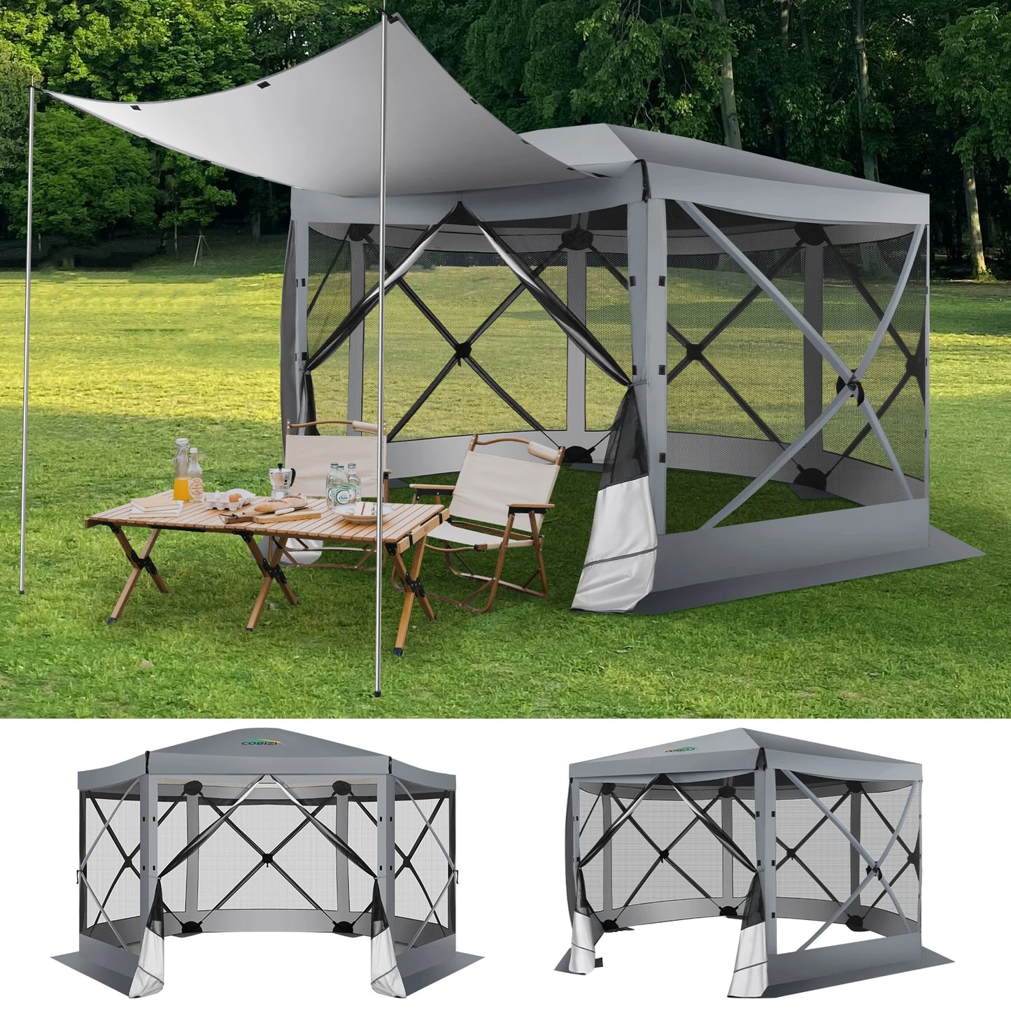 Pop Up Gazebo 12'x12' 6-Sided Screen House Tent for Camping, Outdoor Instant Stargazing Gazebo Canopy with Awning 2.0 ,Hub Tent