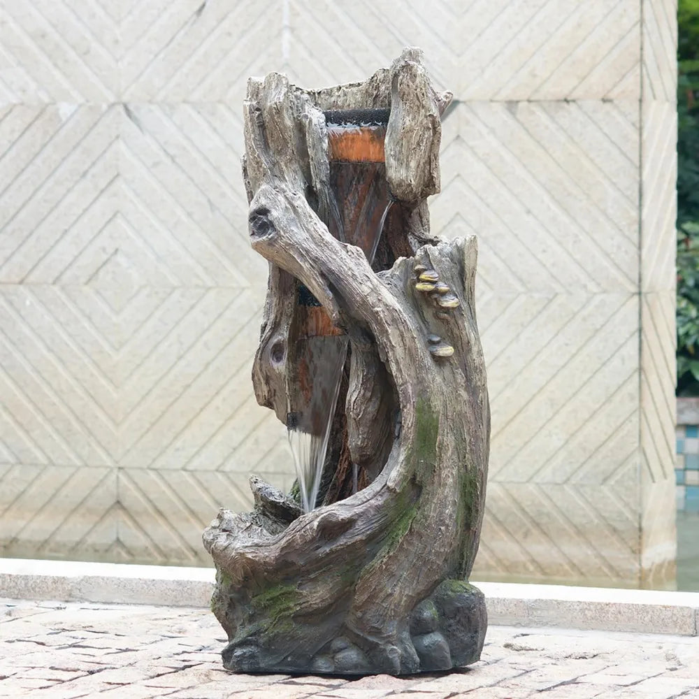 17.5x15.5x39.5 Indoor Outdoor Tree Trunk Fountain, Polyresin Floor Standing Waterfall Fountain with Light, Natural Water Feature