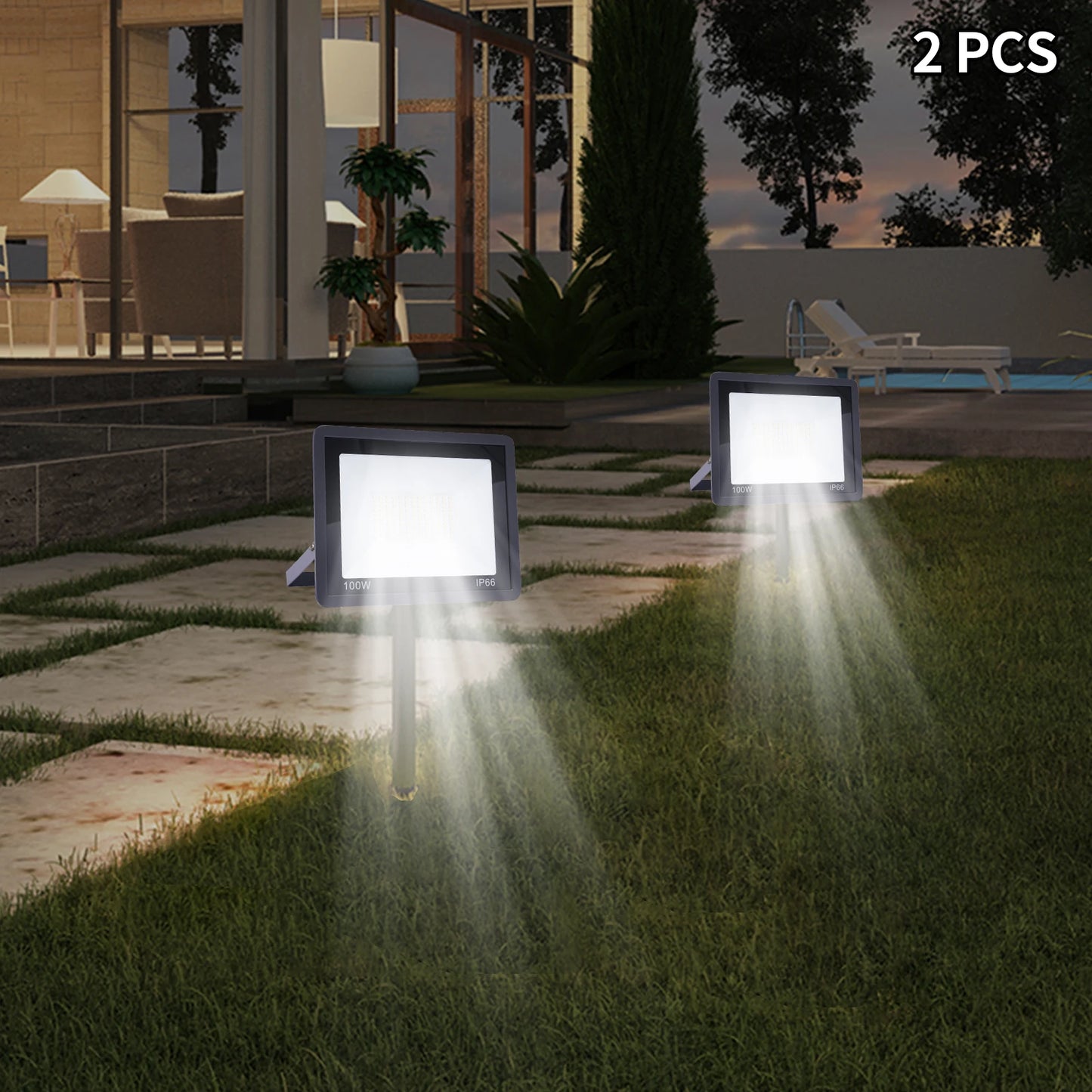 2Pcs LED Flood Light with Plug Outdoor 6000-6500K Daylight White IP66 Waterproof for Backyard Garage