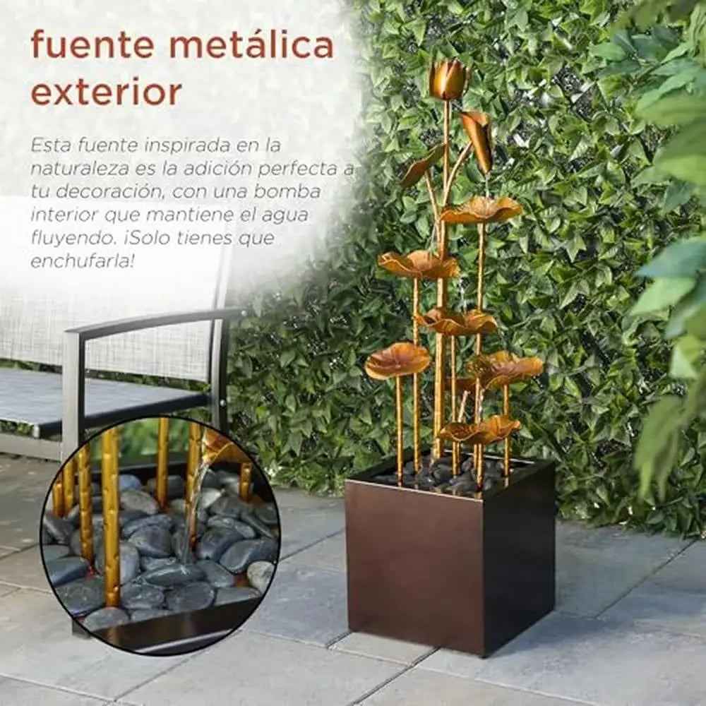 Modern Metal Leaf Water Fountain with Stone-Filled Base Outdoor Multi-Tiered Cascading Water Feature 43" Gold Rust Resistant