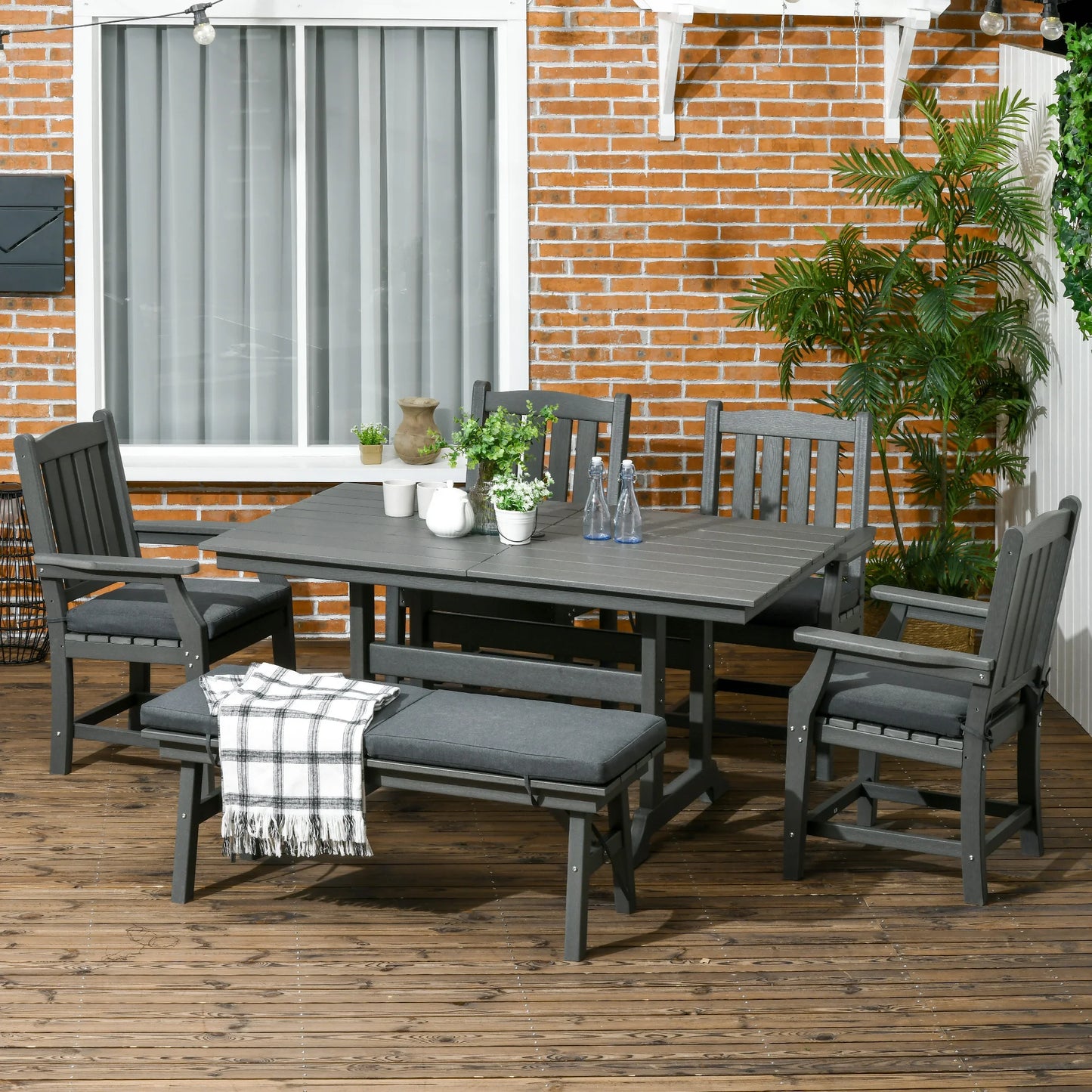 Outsunny 6 Pieces Patio Dining Set with Umbrella Hole, Cushions, Gray