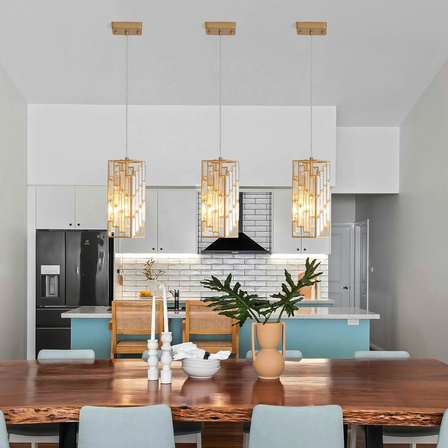 Modern Crystal Pendant Light - 3 Pack, Adjustable Hanging Ceiling Lamp with Crystal Prism Design -Golden Finish