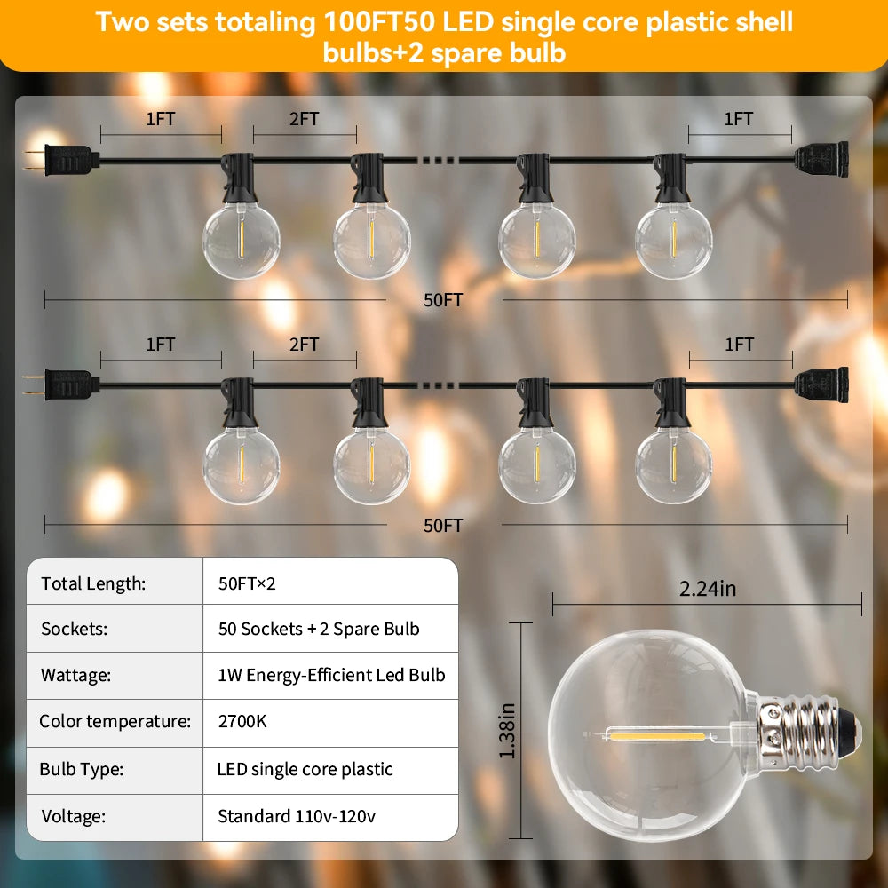 LED String Light 150FT G40 Fairy Garland Light Connectable Christmas Garden Light With Retro Bulb For Backyard House Decorations
