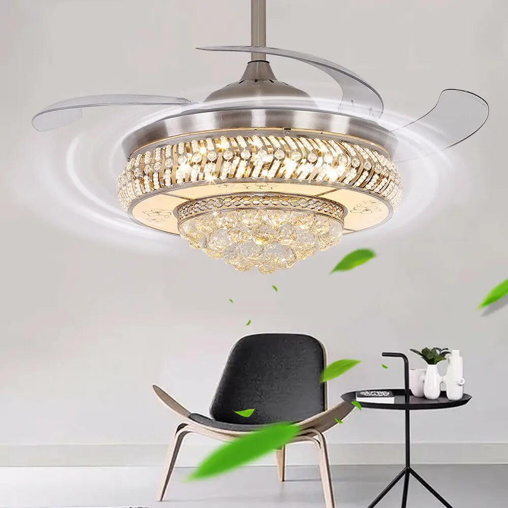 OUKANING Modern Crystal Invisible Ceiling Fan Light With Remote Control Chandelier For Living Room Application