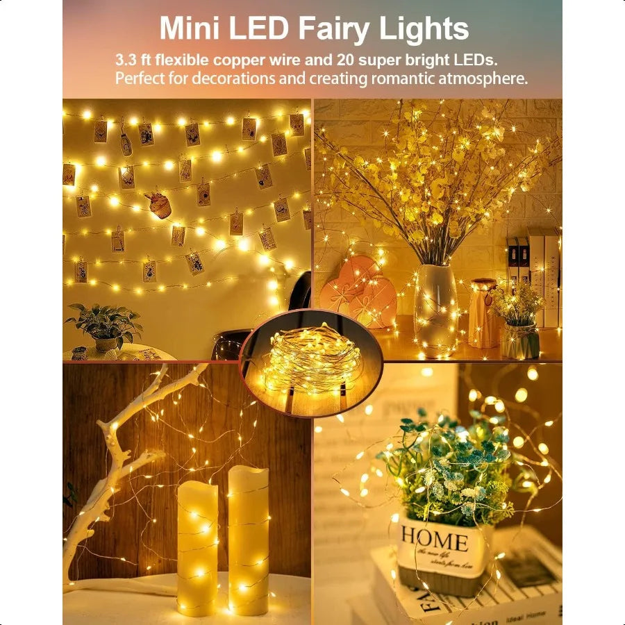 20 Pack Fairy Lights Battery Operated 3.3ft 20 LED Mini Fairy String Lights Waterproof Copper Wire Firefly Starry Lights for We