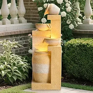 31.89" Outdoor Garden Water Fountain with Lights 4 Tiers Cascading Large Waterfall Floor Standing Fountain for Patio, Backyard,