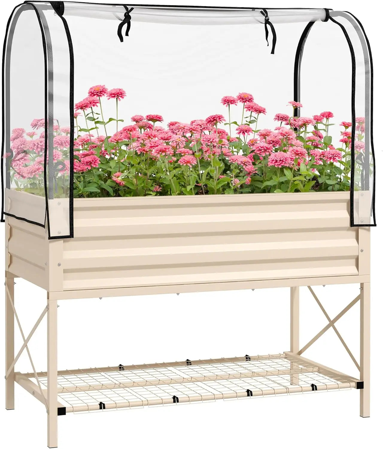 Outsunny Raised Garden Bed with Cover and Storage Shelf, Rectangular Metal Elevated Planter Box with Legs and Bed Liner