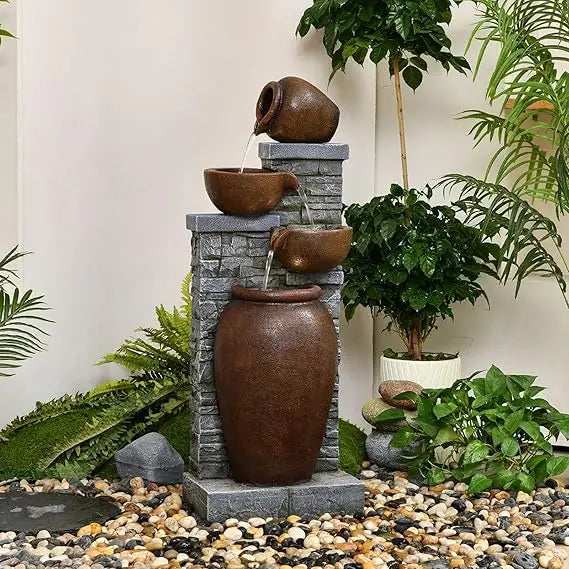 31.89" Outdoor Garden Water Fountain with Lights 4 Tiers Cascading Large Waterfall Floor Standing Fountain for Patio, Backyard,