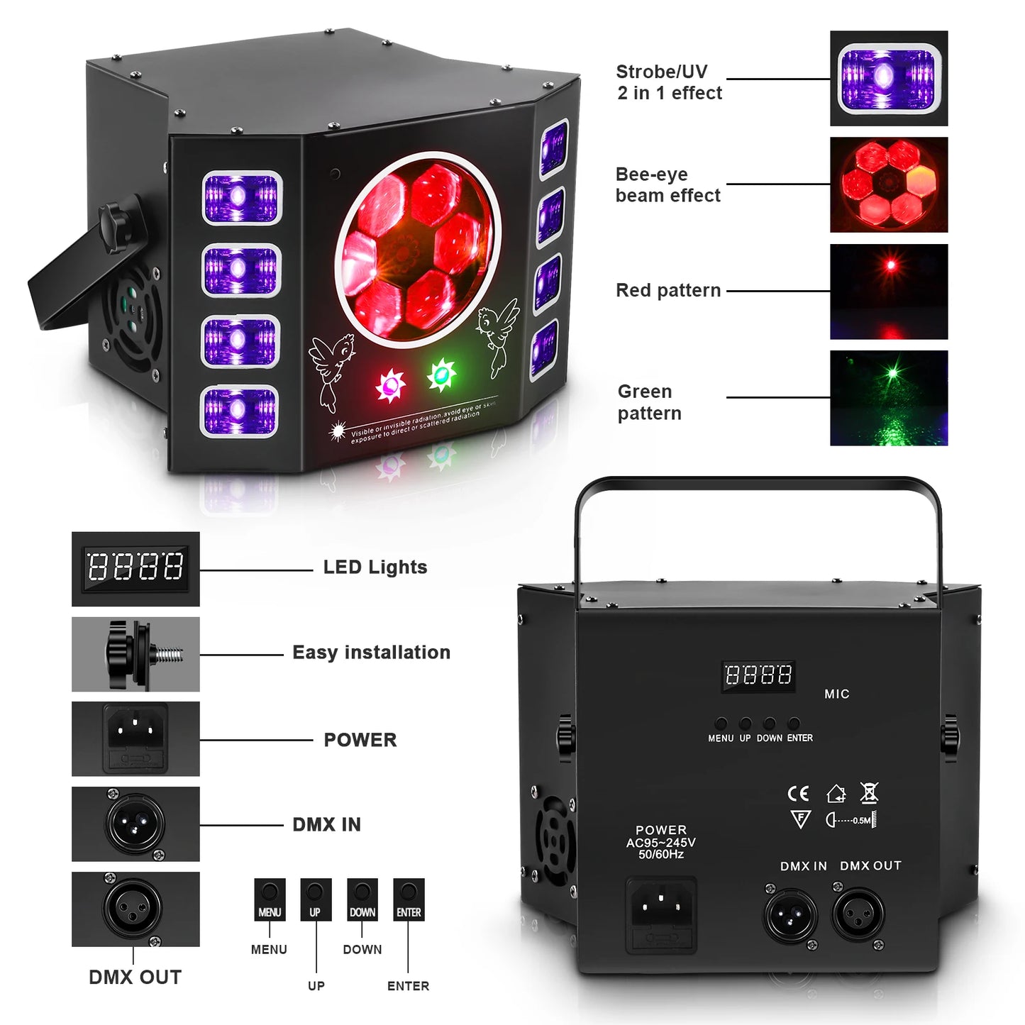 U'King Dj Lights With Remote Control 100W Bee Eye Light UV Strobe Stage Light DMX512 Sound Activated Rave Light For Disco Party
