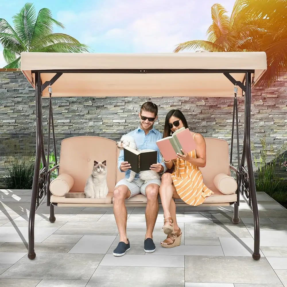 3 Seat Porch Swing W/Adjustable Canopy, Convertible Patio Swings Bed with Stand and Upgraded Cup Holder, Thicken Cushions&Pillow