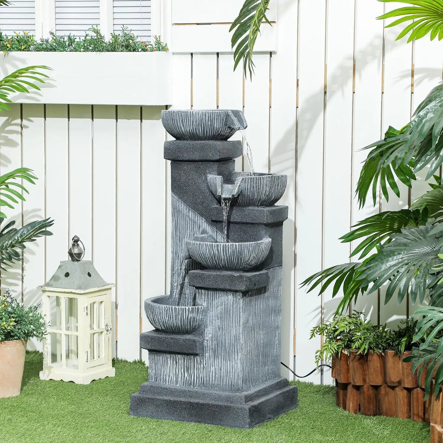 33.5" Tall Outdoor Water Fountain,4-Tier Floor Standing Resin Cascading Bowls Waterfall Fountain with LED Lights,Pump for Garden