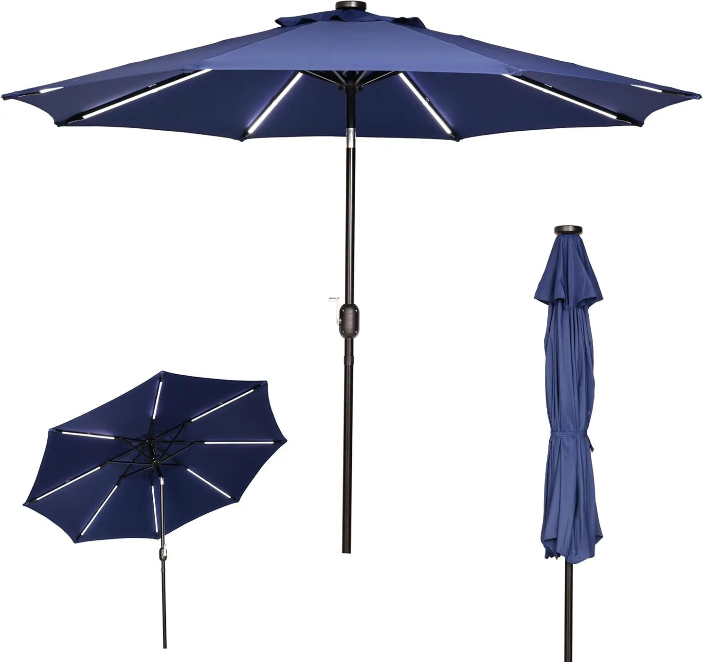 9FT Outdoor Solar LED Lighted Patio Umbrella with 8 LED Strip Lights & 8 Ribs, Convenient Crank Lift System