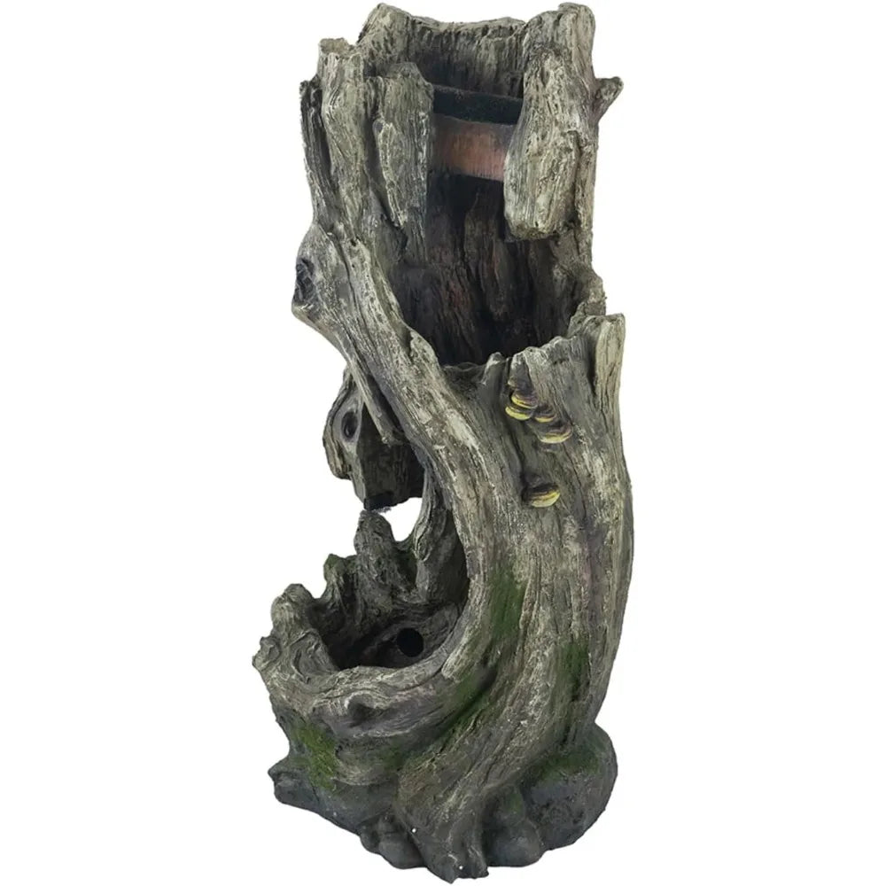 17.5x15.5x39.5 Indoor Outdoor Tree Trunk Fountain, Polyresin Floor Standing Waterfall Fountain with Light, Natural Water Feature