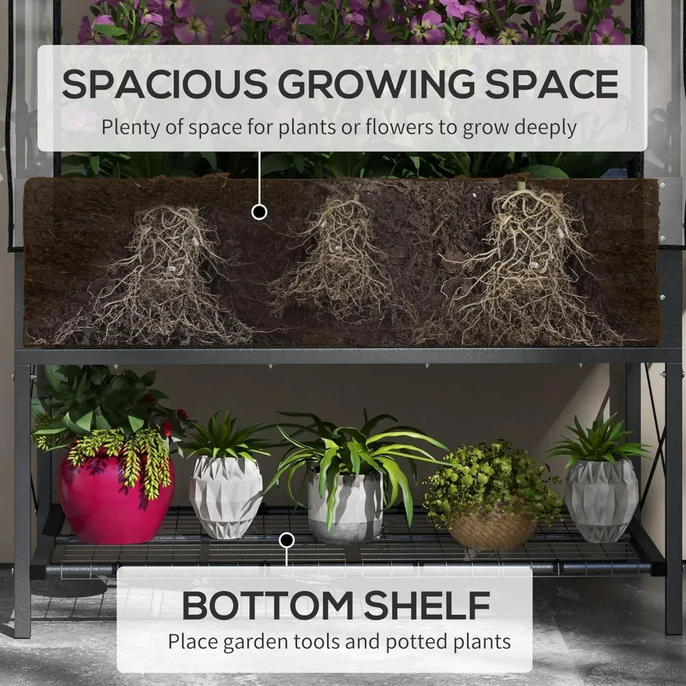 Outsunny Raised Garden Bed with Cover and Storage Shelf, Rectangular Metal Elevated Planter Box with Legs and Bed Liner