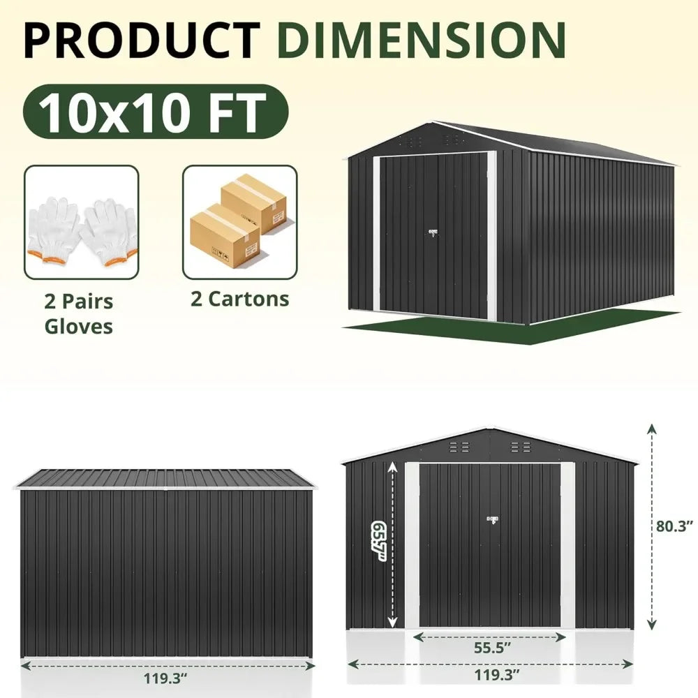 10x10 FT Outdoor Storage Shed,Updated Frame Structure and Lockable Doors, Metal Tool Sheds for Backyard Garden Patio Lawn, Grey