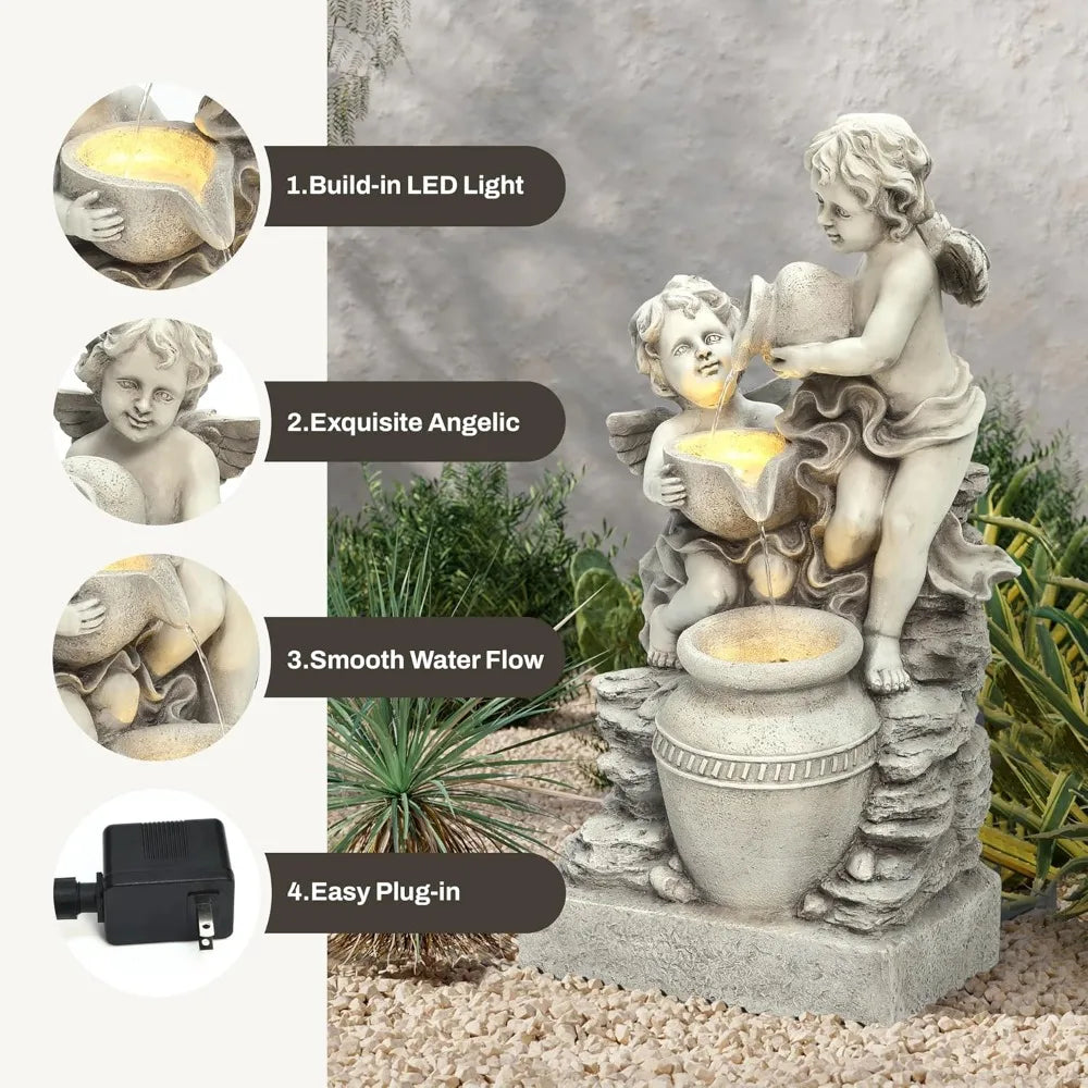 LuxenHome 30 Inch Outdoor Water Fountain, Resin Angels Water Fountains Indoor and Outdoor with LED Light, 3 Layers Angels and Ur