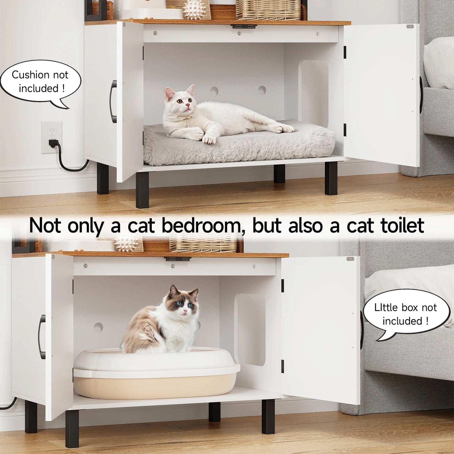 55 Inches Cat Litter Box Enclosure with 2 Storage Shelves and Charging Sockets, Hidden Litter Box Furniture, Wooden Cat House