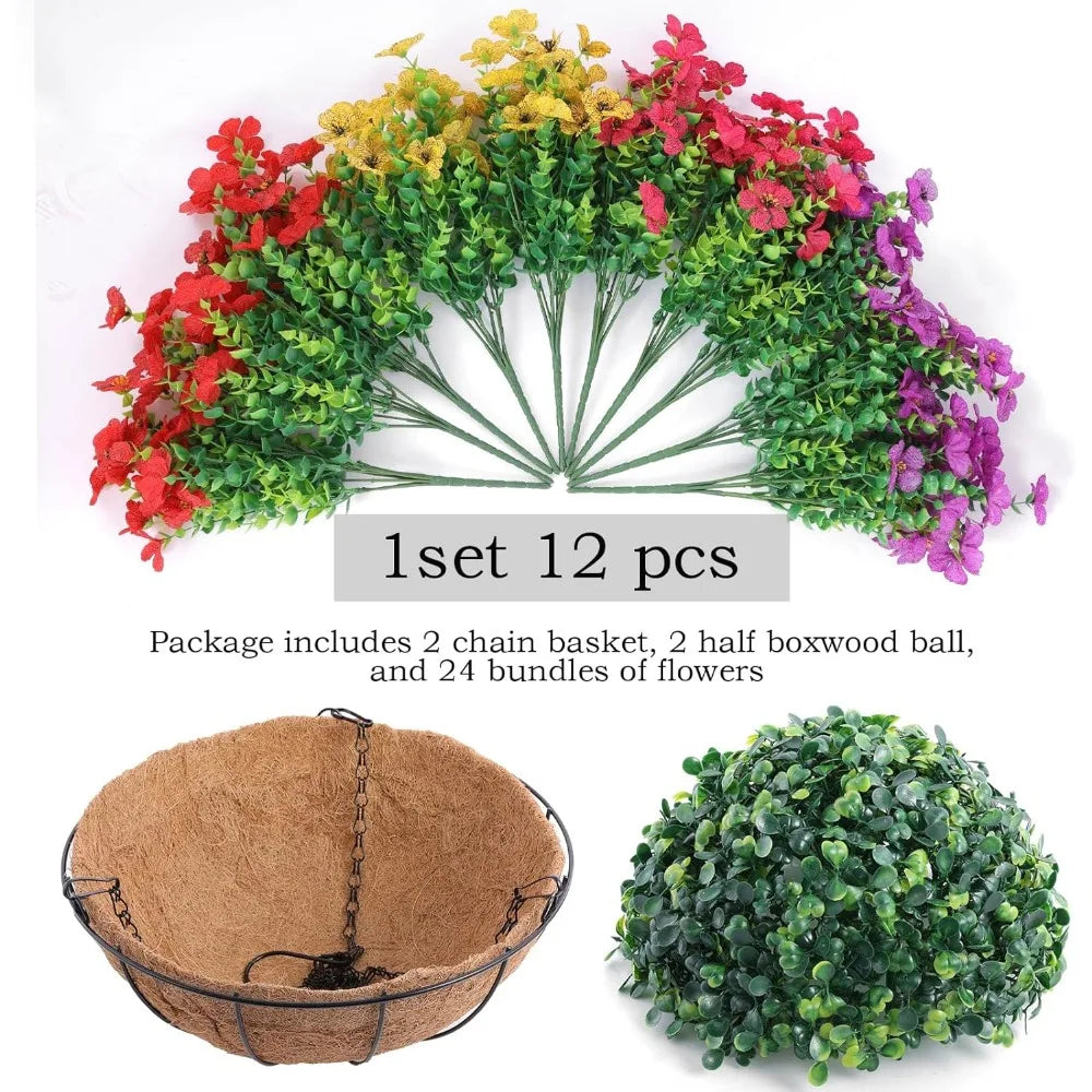 2 Set Artificial Outdoor Flowers with Hanging Basket, 2 Hanging Planters with 24 Pcs Flowers for Spring Summer Front Porch Gard