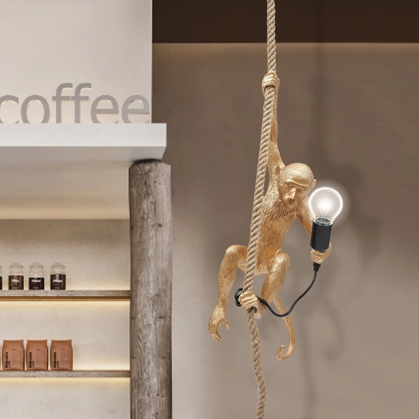 Monkey Pendant Lamp Monkey Shaped Ceiling Lamp Hemp Rope Chandelier Creative Resin Light for Home Office Bedroom Décor