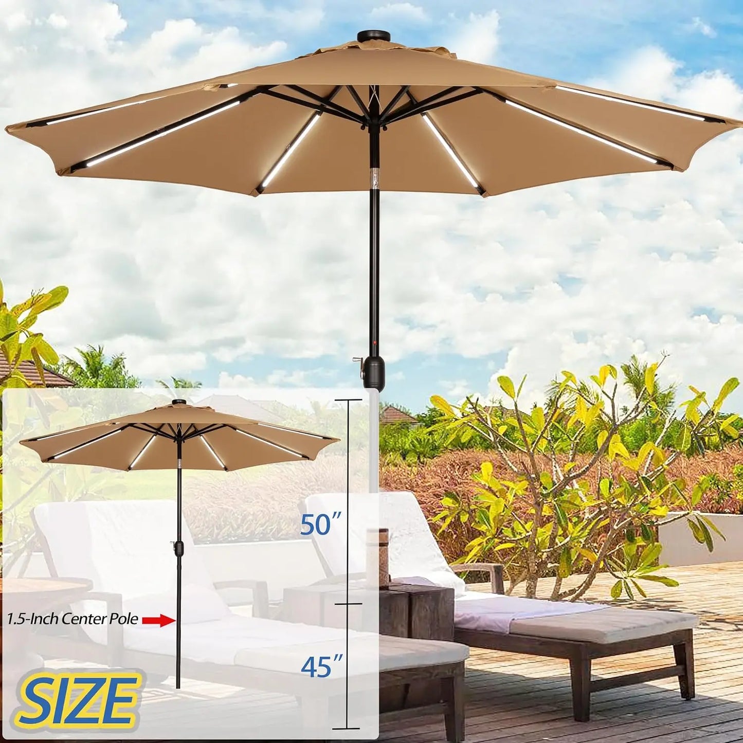 9FT Outdoor Solar LED Lighted Patio Umbrella with 8 LED Strip Lights & 8 Ribs, Convenient Crank Lift System