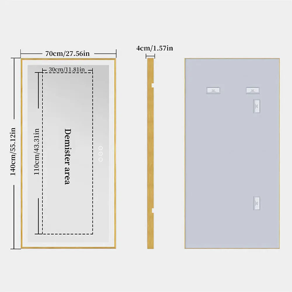 Large LED Bathroom Mirror Rectangular Wall Vanity Mirror with Colour Illuminated Dimmable Antifog Golden Frame IP56 Rated 1400mm