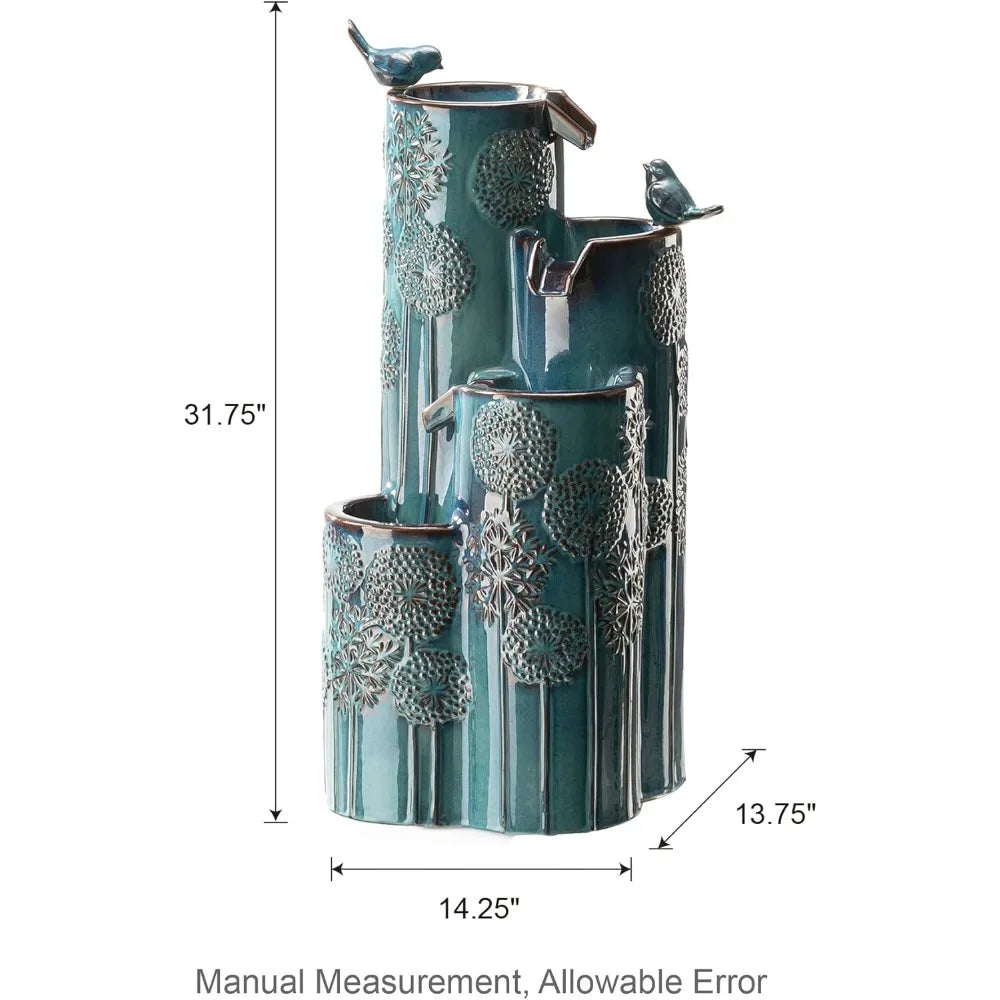 31.75" H Outdoor Water Fountain with LED Lights and Pump, 4 Tier Dandelion Texture Vase Shaped Ceramic Floor Standing Fountain