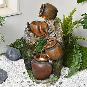 31.89" Outdoor Garden Water Fountain with Lights 4 Tiers Cascading Large Waterfall Floor Standing Fountain for Patio, Backyard,