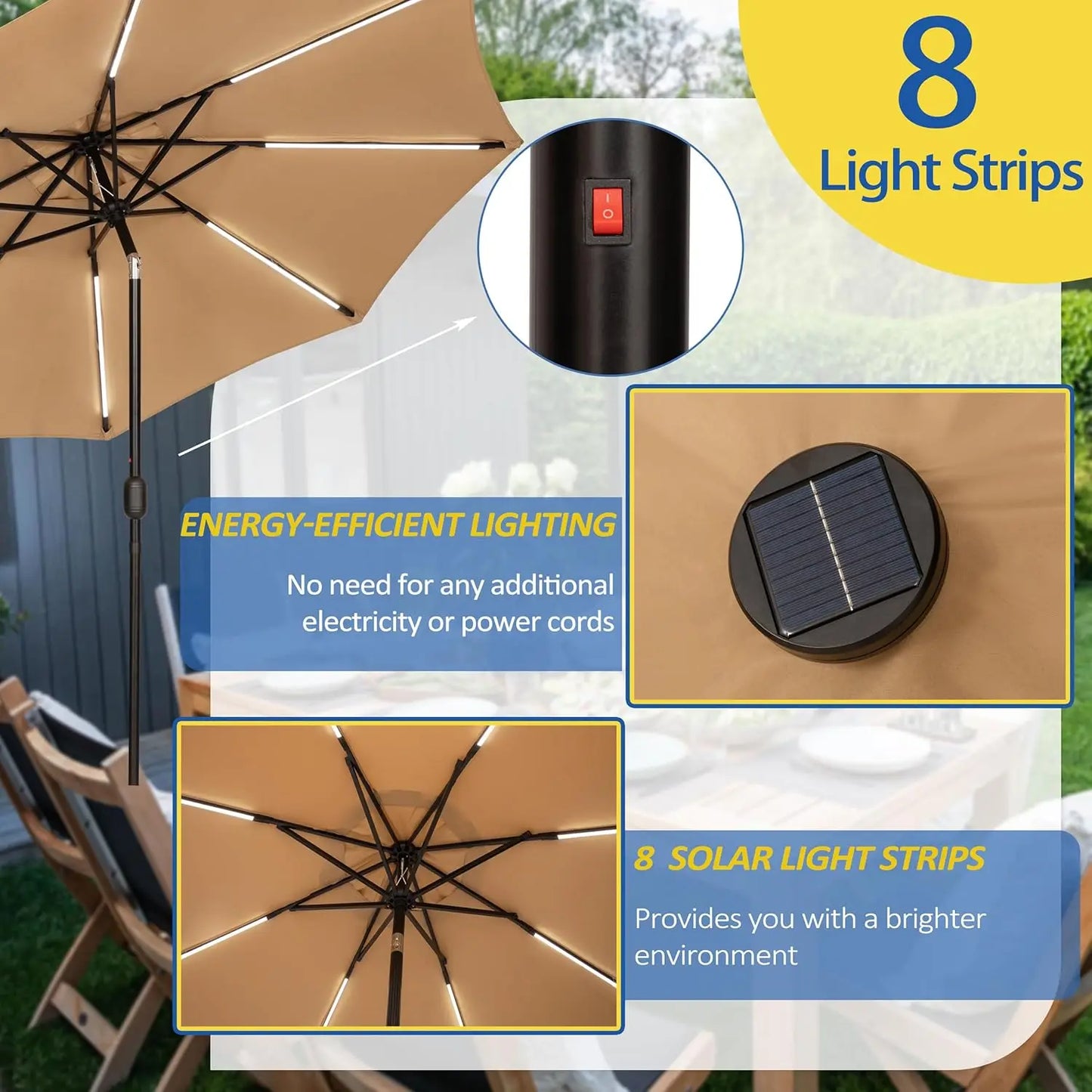 9FT Outdoor Solar LED Lighted Patio Umbrella with 8 LED Strip Lights & 8 Ribs, Convenient Crank Lift System