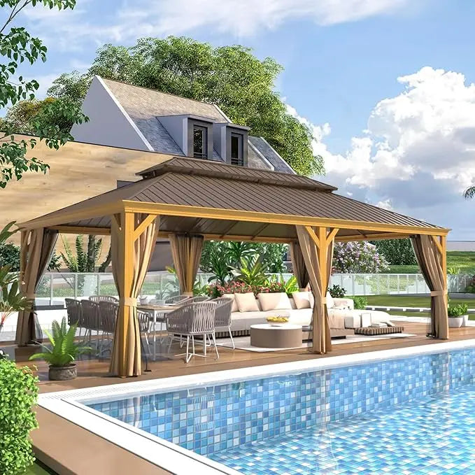 12x20 Gazebo, Hardtop Wood-Looking Gazebo with Curtains