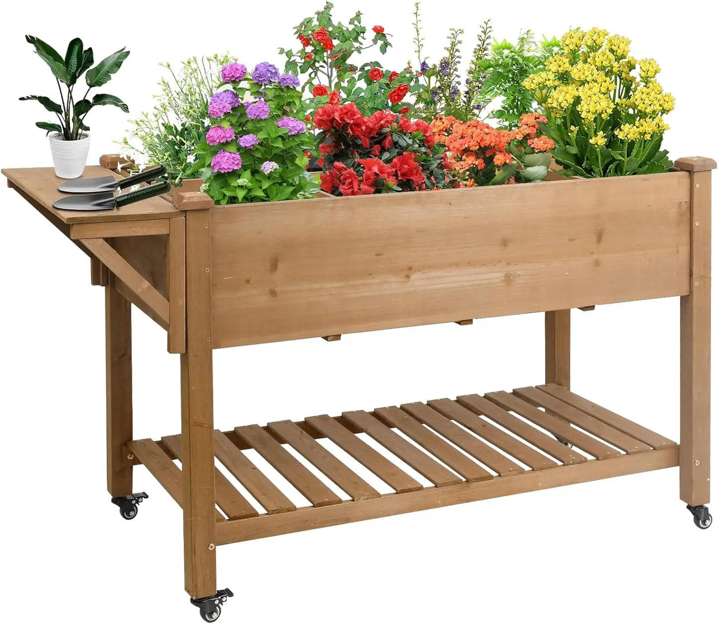 55"x 24" x 33" Elevated Wood Planter Box for Backyard Balcony Patio , Garden Flower Beds with Drainage Holes & Storage Shelf
