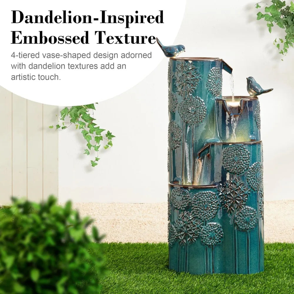 31.75" H Outdoor Water Fountain with LED Lights and Pump, 4 Tier Dandelion Texture Vase Shaped Ceramic Floor Standing Fountain