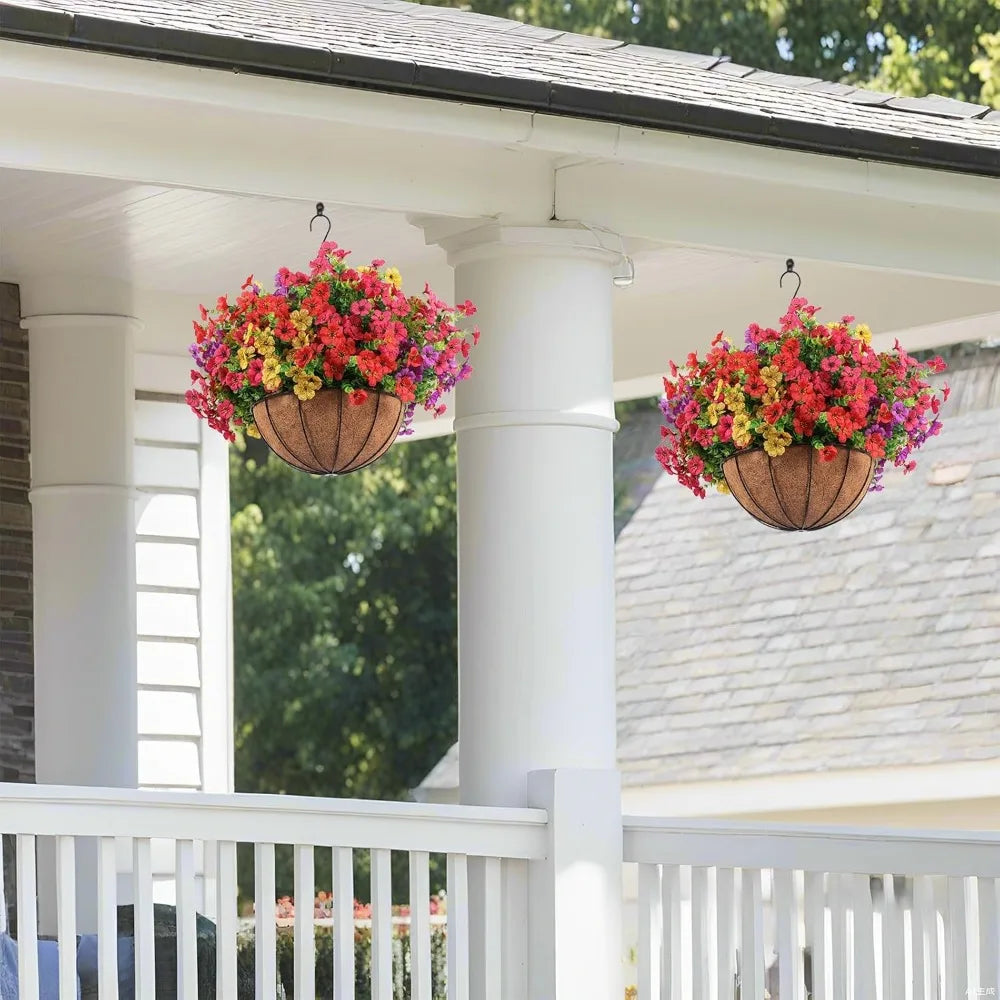 2 Set Artificial Outdoor Flowers with Hanging Basket, 2 Hanging Planters with 24 Pcs Flowers for Spring Summer Front Porch Gard